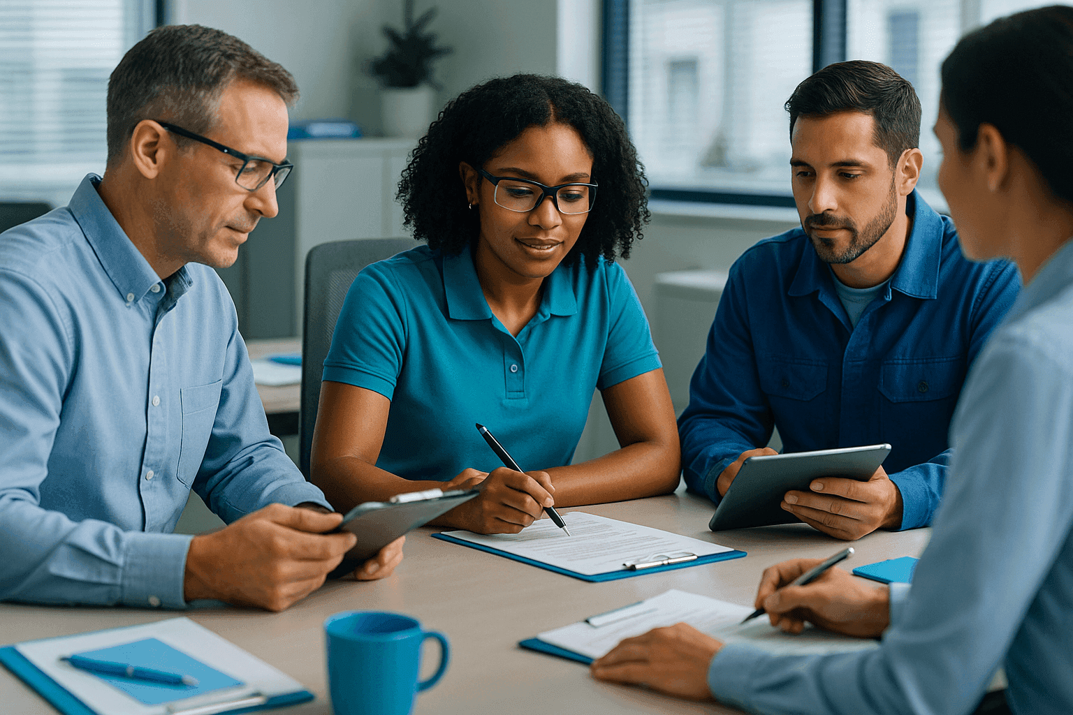 Diverse life insurance team collaborating in a modern, well-lit professional office.