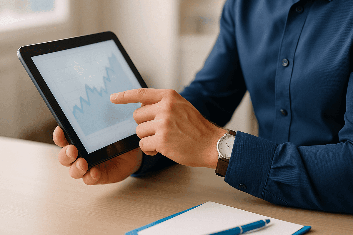 Life insurance agent’s hands holding tablet with financial graph in clean office.
